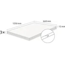 Drei Holzplatten mit den Maßen 1250 mm x 660 mm x 12 mm