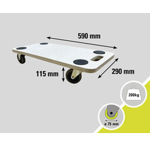 Möbelroller mit den Maßen 590 mm x 290 mm, 115 mm Höhe und einer maximalen Belastbarkeit von 200 kg.