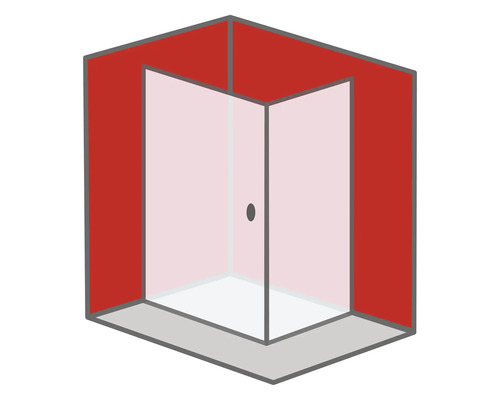 Eckdusche mit Glastür und roter Wand