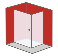 Eckdusche mit Glastür und Metallgriffen