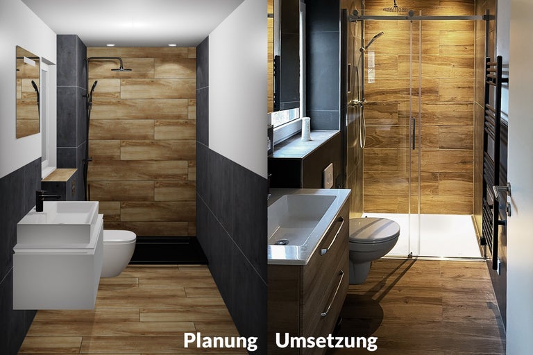 Badezimmer mit Dusche, Waschbecken und Toilette im modernen Design