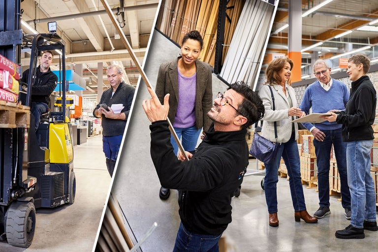 Kunden und Mitarbeiter im Hornbach Markt: Gabelstapler, Beratung zu Bauholz und Fliesen.