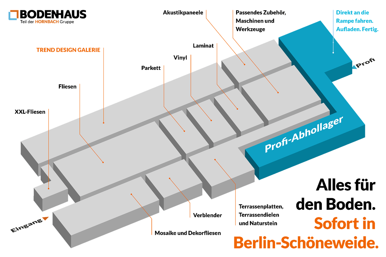 Bodenhaus Berlin Schöneweide Sortimentsübersicht mit Fliesen, Parkett, Vinyl, Laminat und Zubehör