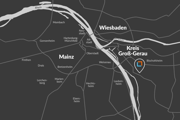 Karte von Mainz, Wiesbaden und Kreis Groß-Gerau mit Standortmarkierung