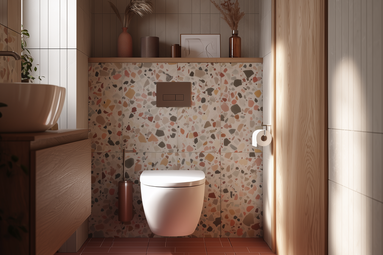 Helles Badezimmer mit Toilette, Waschtisch und Terrazzo-Fliesen