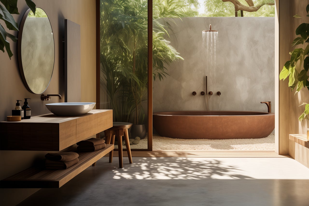 Helles Badezimmer mit Waschtisch, Spiegel, Badewanne und Gartendusche