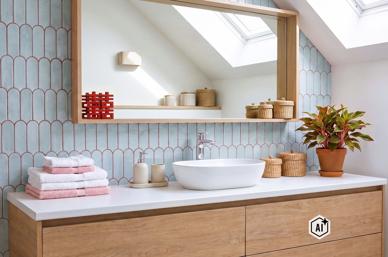 Modernes Badezimmer mit Waschtisch aus Holz, weißem Aufsatzwaschbecken, großem Spiegel und hellblauen Fliesen mit bogenförmigem Muster.