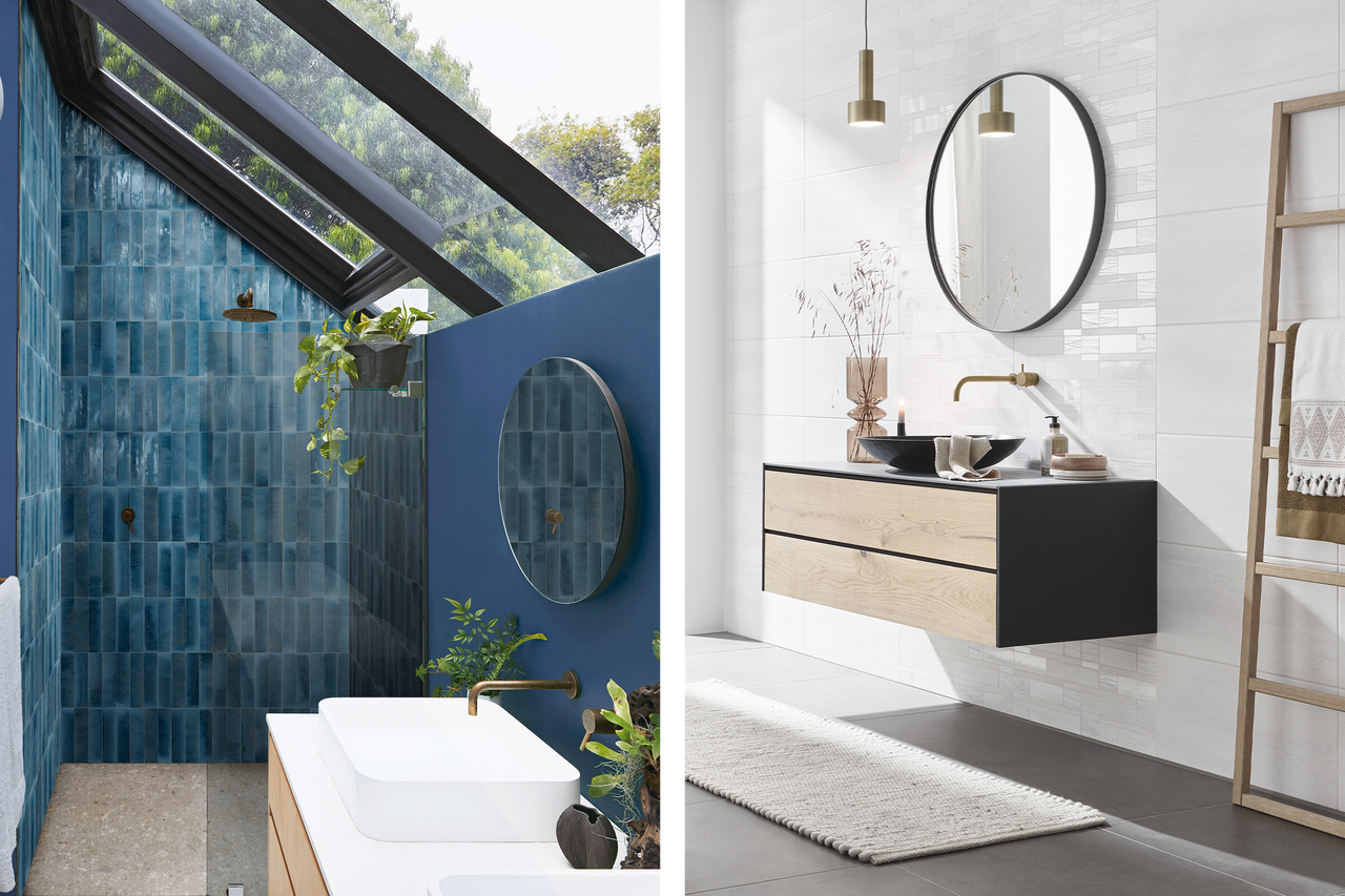 Helles und organisiertes Badezimmer mit Dusche, Waschbecken und Spiegel.