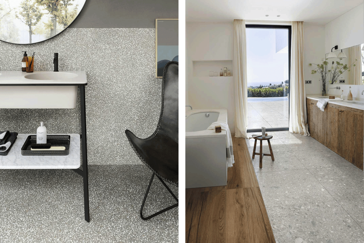 Badezimmerinterieur mit Fliesen in Terrazzo Optik, kombiniert mit Holzoptik Fliesen und moderner Einrichtung in zwei verschiedenen Ansichten.