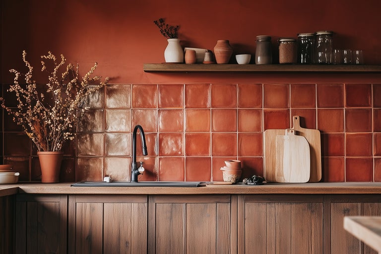Küchenszene mit Spüle, Armatur, Fliesen, Regalen und Dekorationen in warmen Farben