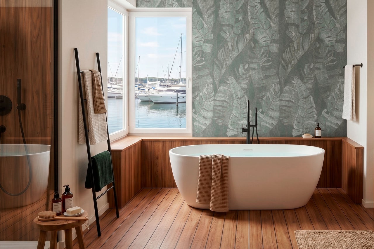 Modernes Badezimmer mit freistehender Badewanne, Tapete mit Blattmuster, Holzboden und Ausblick auf einen Hafen durch ein großes Fenster.