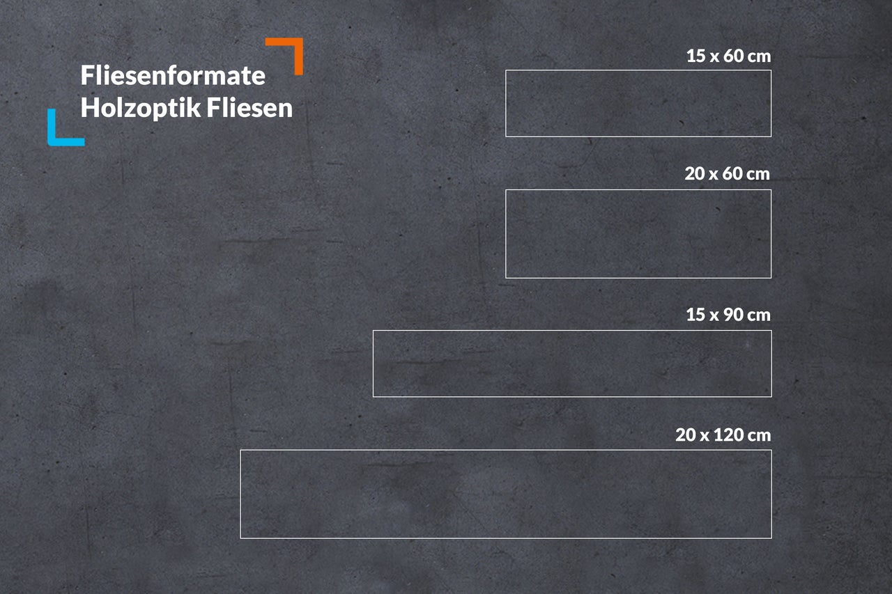 Übersicht der verfügbaren Formate für Fliesen in Holzoptik mit Abmessungen in Zentimetern.