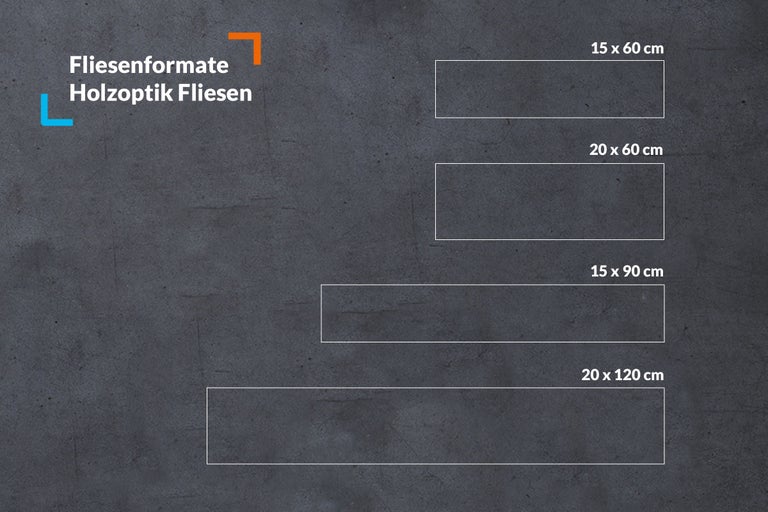 Übersicht der verfügbaren Formate für Fliesen in Holzoptik mit Abmessungen in Zentimetern.