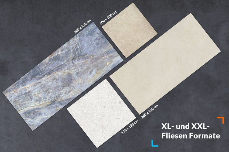 Verschiedene Keramikfliesen in den Größen 280 x 120 cm, 100 x 100 cm, 120 x 120 cm und 260 x 120 cm