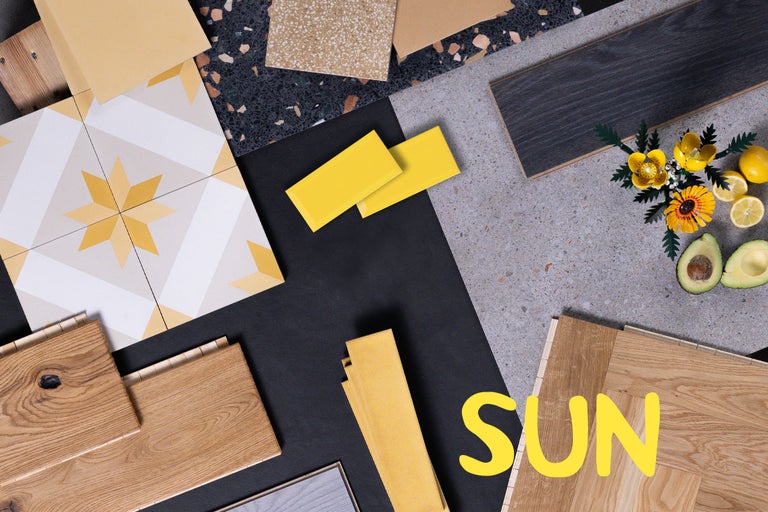 Moodboard für die Inneneinrichtung mit einer Auswahl an Bodenbelägen wie Parkett, Terrazzo-Fliesen, gemusterten Fliesen und Wandfliesen.