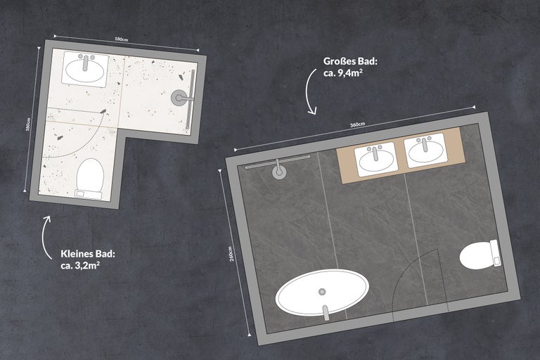 Grundrisse für ein kleines Badezimmer mit 3,2 Quadratmetern und ein großes Badezimmer mit 9,4 Quadratmetern.