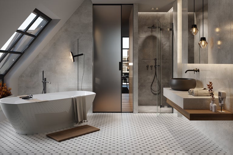 Modernes Badezimmer mit freistehender Badewanne, Dusche und Waschtisch