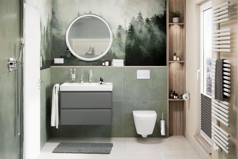 Moderner Badraum mit Wald-Wandbild, rundem LED-Spiegel, grauem Waschtischunterschrank, wandhängender Toilette, Holzregal und weißem Handtuchheizkörper.