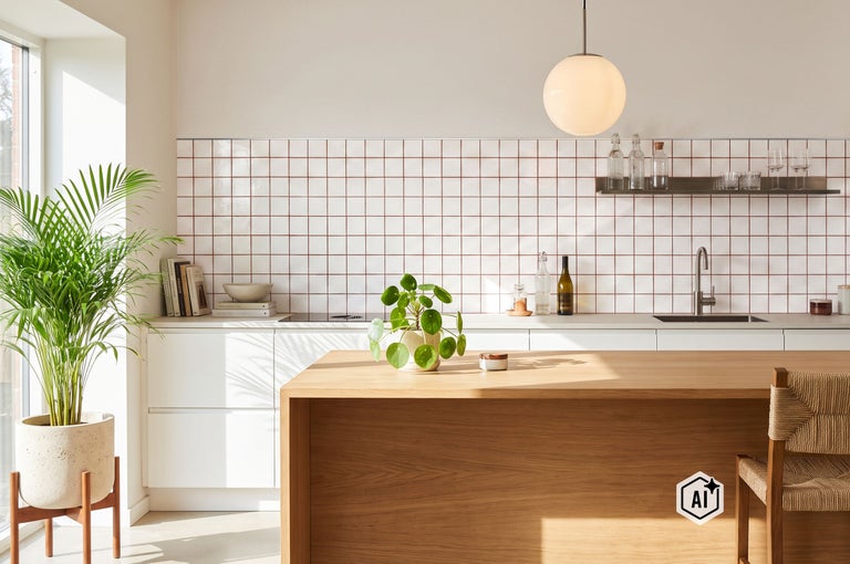Moderne helle Küche mit quadratischen Wandfliesen, weißer Küchenzeile, Holzkücheninsel und einer dekorativen Pflanze bei Tageslicht.