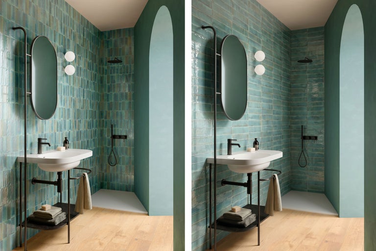Modernes Badezimmer mit vertikalen Wandfliesen in Türkis, weißem Waschbecken auf schwarzem Metallgestell, ovalem Spiegel und begehbarer Dusche.