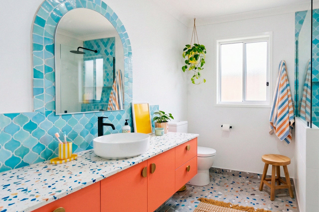 Modernes Badezimmer mit orangem Waschtisch, Terrazzo-Arbeitsplatte, Aufsatzwaschbecken, blauen Mosaikfliesen, Rundbogenspiegel und Holzschemel.
