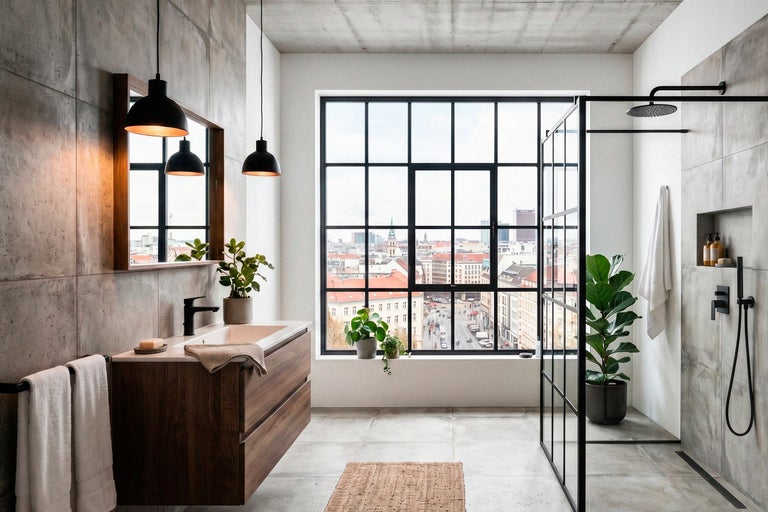Modernes Badezimmer im Industrial Style mit Holzwaschtisch, schwarzer Armatur, begehbarer Dusche mit schwarzem Rahmen und Betonoptikfliesen.
