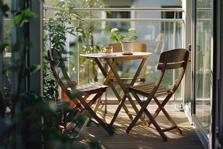 Balkonszene mit Holztisch und Stühlen, dekoriert mit Topfpflanze und Tasse