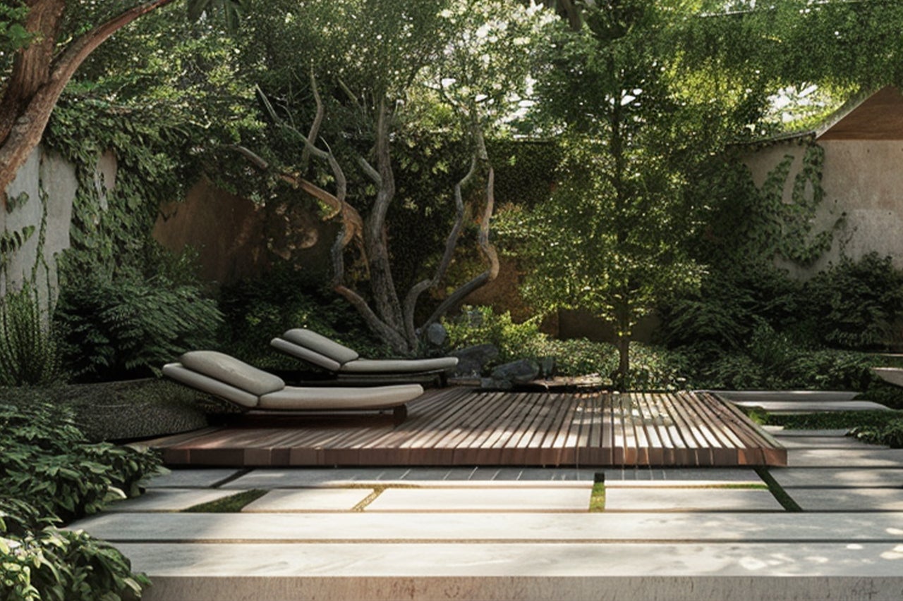 Entspannender Garten mit Liegestühlen auf Holzdeck und üppiger Bepflanzung