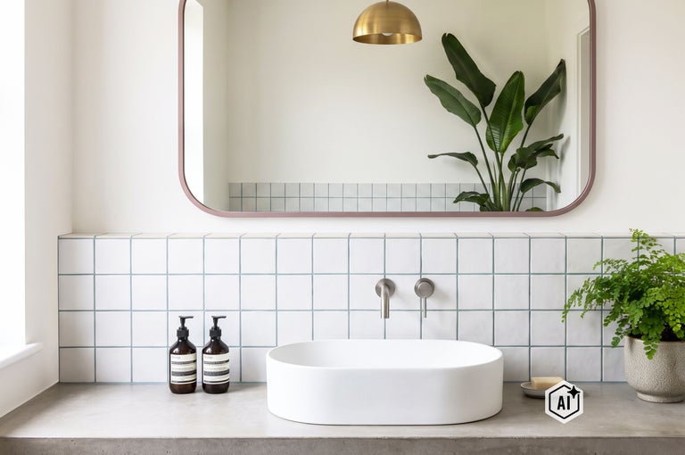 Modernes Badezimmer mit weißem Aufsatzwaschbecken, Wandarmatur und Fliesenspiegel auf einer Betonwaschtischplatte unter einem großen Wandspiegel.