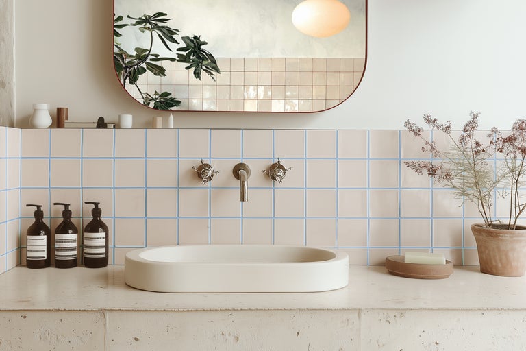 Badezimmer mit Aufsatzwaschbecken, Armaturen, Spiegel und Fliesen