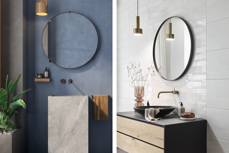 Badezimmer mit Waschtischen, Spiegeln und Armaturen vor Fliesenwand