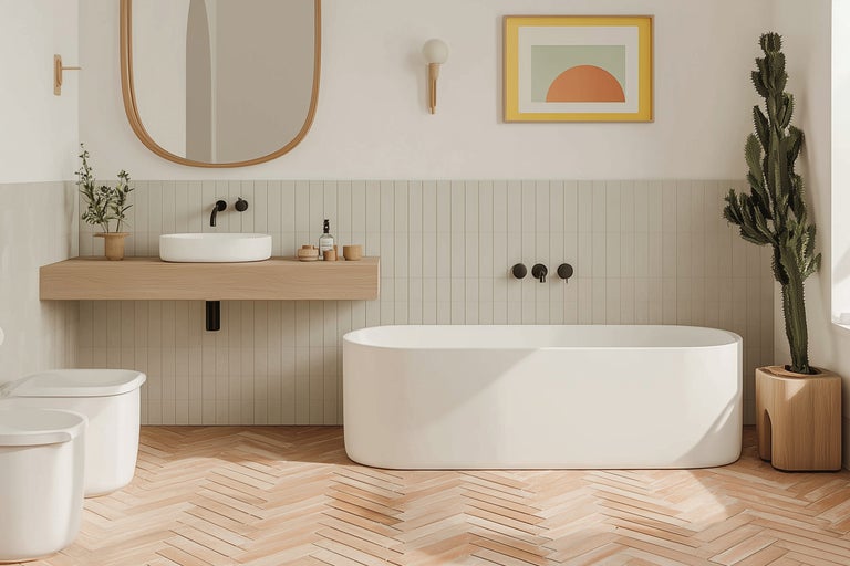 Helles Badezimmer mit Badewanne, Waschtisch, Toilette und Holzboden