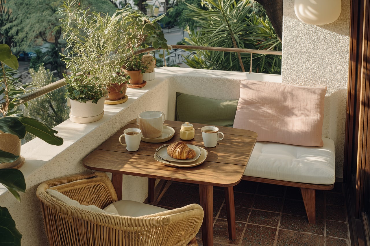 Helle Terrasse mit Holztisch, Stuhl, Sitzbank und Pflanzen