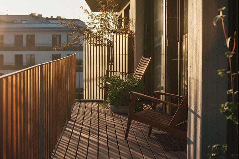 Einrichtungsidee für einen Balkon mit Holzmöbeln, einem Holzzaun und einem Holzboden.