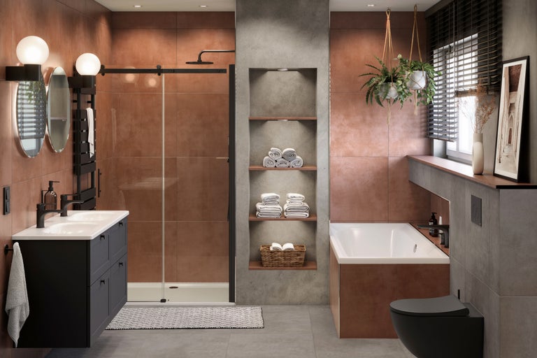 Modernes Badezimmer mit Dusche, Waschtisch, Badewanne und WC