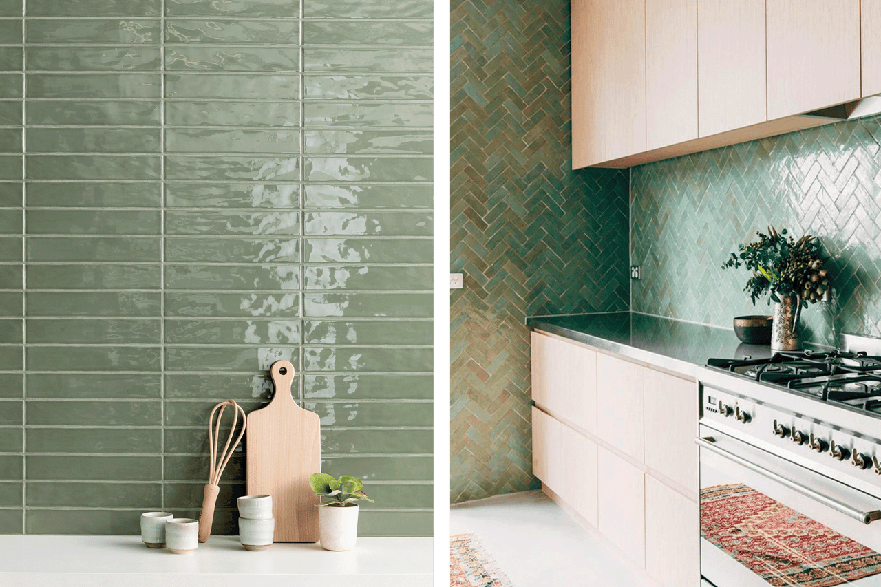 Küchenansicht mit grünen Fliesen, weißen Schränken und Holzelementen für einen hellen und organisierten Eindruck.