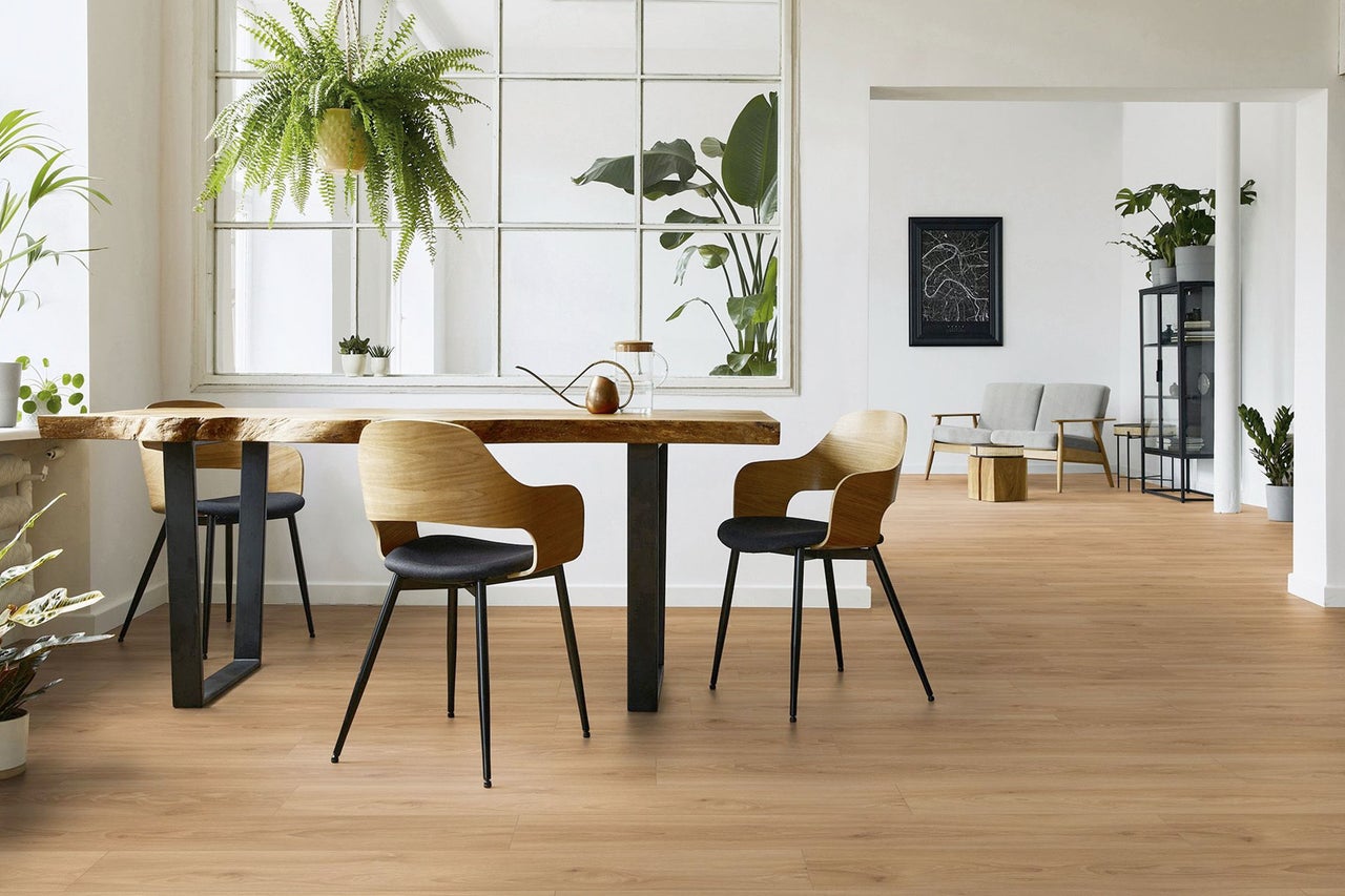 Helles, geräumiges Esszimmer mit Holztisch mit Baumkante, modernen Stühlen und Boden in Holzoptik, dekoriert mit Zimmerpflanzen.