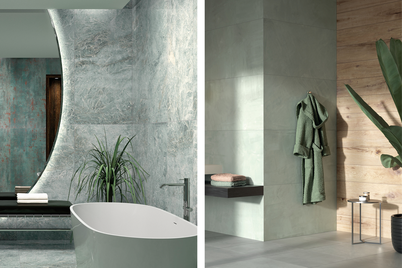 Modernes, helles Badezimmer mit freistehender Badewanne, Wandfliesen in Natursteinoptik und Marmoreffekt sowie Holzpaneelen an der Wand.