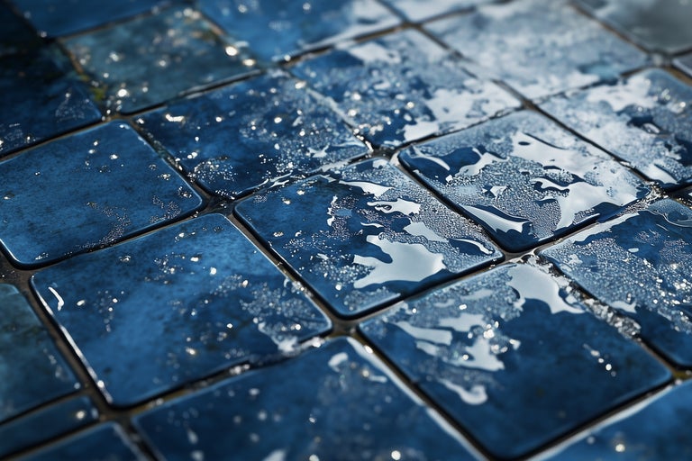 Nahaufnahme von quadratischen, glänzenden, blauen Mosaikfliesen