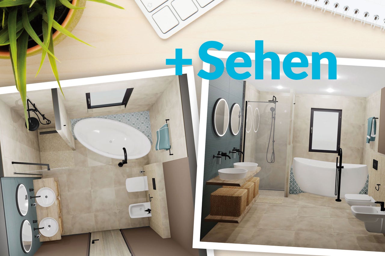 Zwei Badezimmerentwürfe mit Badewanne, Waschbecken und Toilette