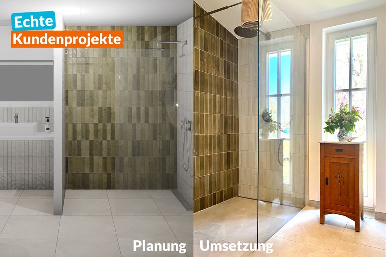 Badezimmergestaltung mit gefliesten Duschbereichen und Waschtisch