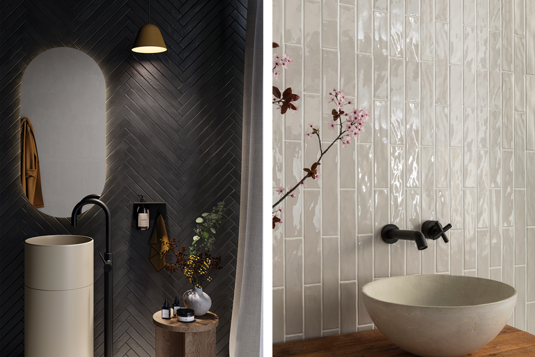 Badezimmer mit Waschbecken und Wandfliesen in Fischgrätmuster und vertikalen Linien