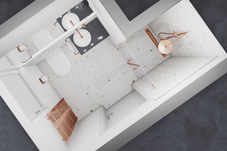 Vogelperspektive eines Badezimmers mit Dusche, Waschbecken und Toilette