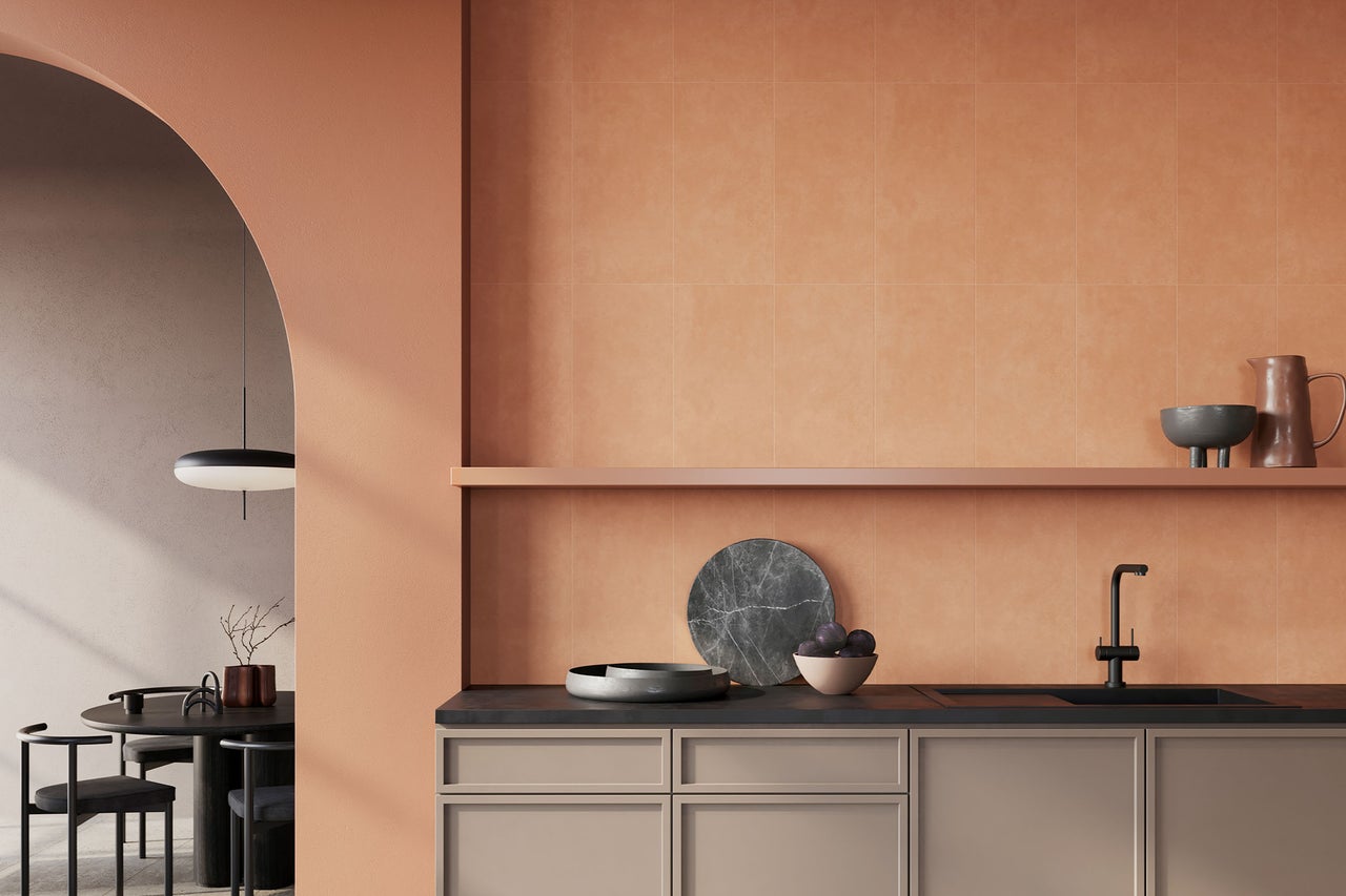 Moderne Küche mit Fliesenwand, Unterschränken, Spüle und Regalen