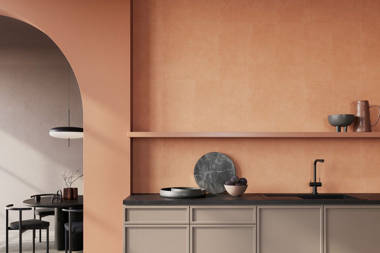 Moderne Küche mit Fliesenwand, Unterschränken, Spüle und Regalen