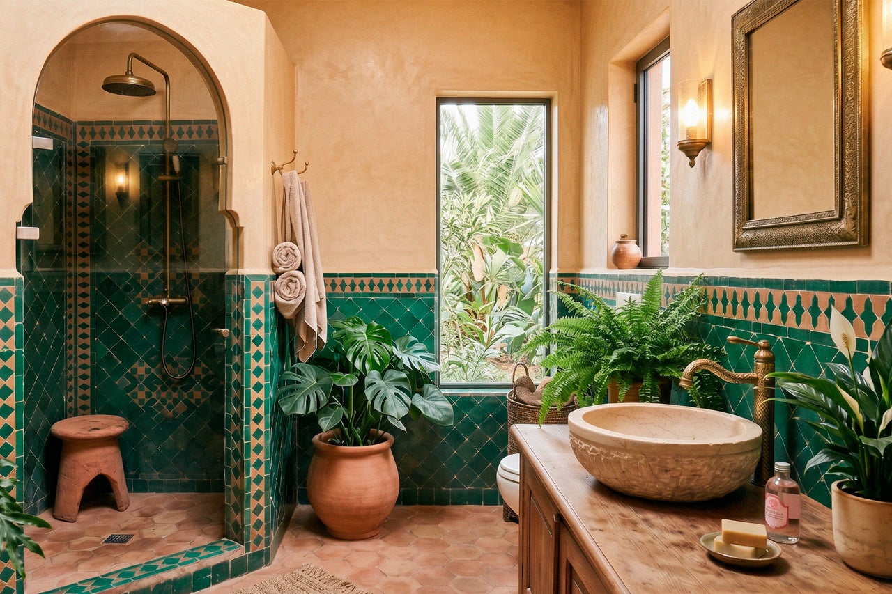 Badezimmer im mediterranen Stil mit grünen Mosaikfliesen, Terrakotta-Boden, Holzwaschtisch mit Steinbecken und Dusche mit Rundbogen.