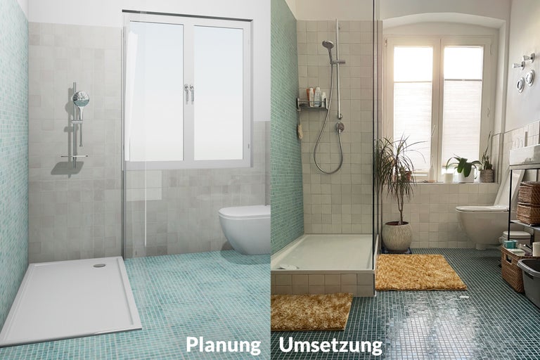 Badezimmerplanung und Umsetzung mit Dusche, Toilette und Fliesen